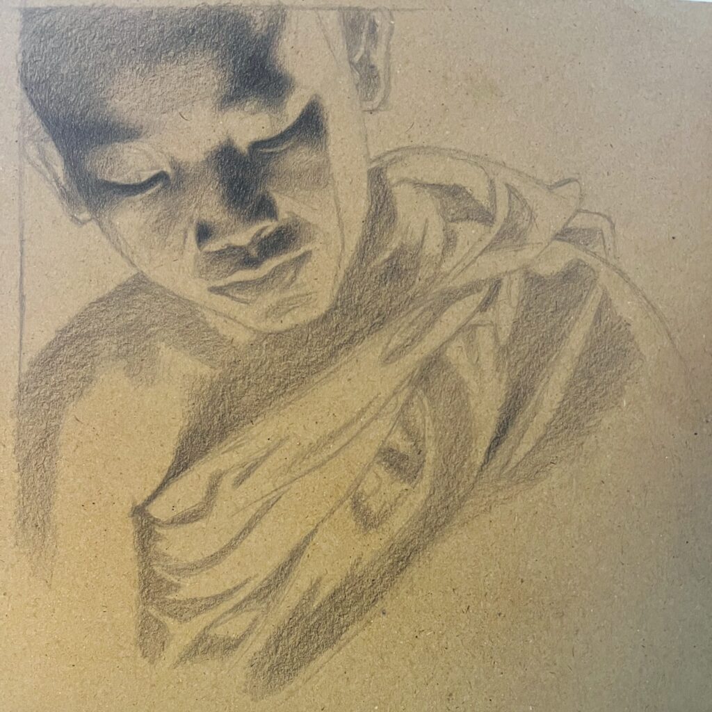 wip drawing head hands tekening tekenen cursus course workshop progress step by step white paper wit papier draw studie study of the head studie van het hoofd planes vlakken Zoetermeer colored paper toned papier CKC sketch schetsen colored paper portrait portret drawing gekleurd midden toon midtone grijswaarden