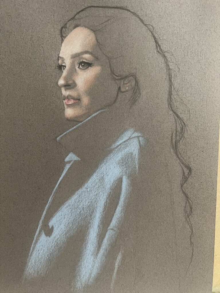 wip drawing head hands tekening tekenen cursus course workshop progress step by step white paper wit papier draw studie study of the head studie van het hoofd planes vlakken Zoetermeer colored paper toned papier CKC sketch schetsen colored paper portrait portret drawing gekleurd midden toon midtone grijswaarden