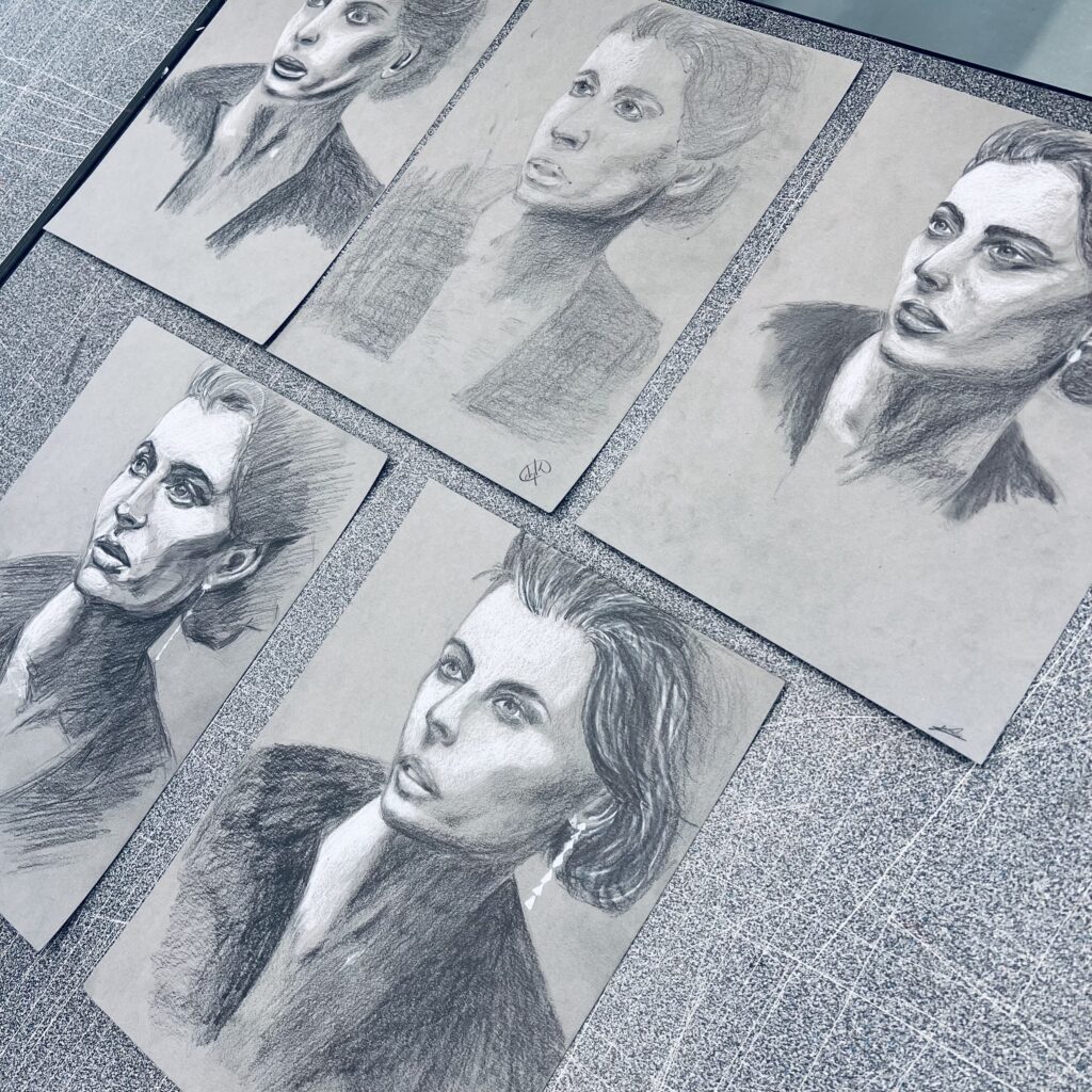 wip drawing head hands tekening tekenen cursus course workshop progress step by step white paper wit papier draw studie study of the head studie van het hoofd planes vlakken Zoetermeer colored paper toned papier CKC sketch schetsen colored paper portrait portret drawing gekleurd midden toon midtone grijswaarden 